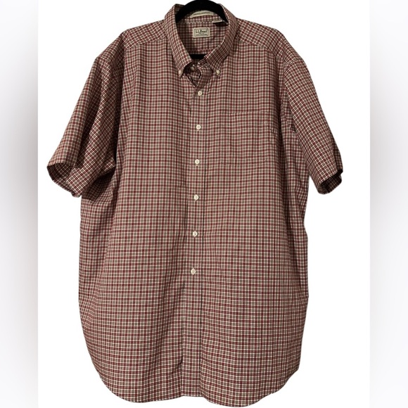 Men's L.L.Bean Wrinkle Resistant Red & Tan Plaid Button Down Shirt - Picture 1 of 7